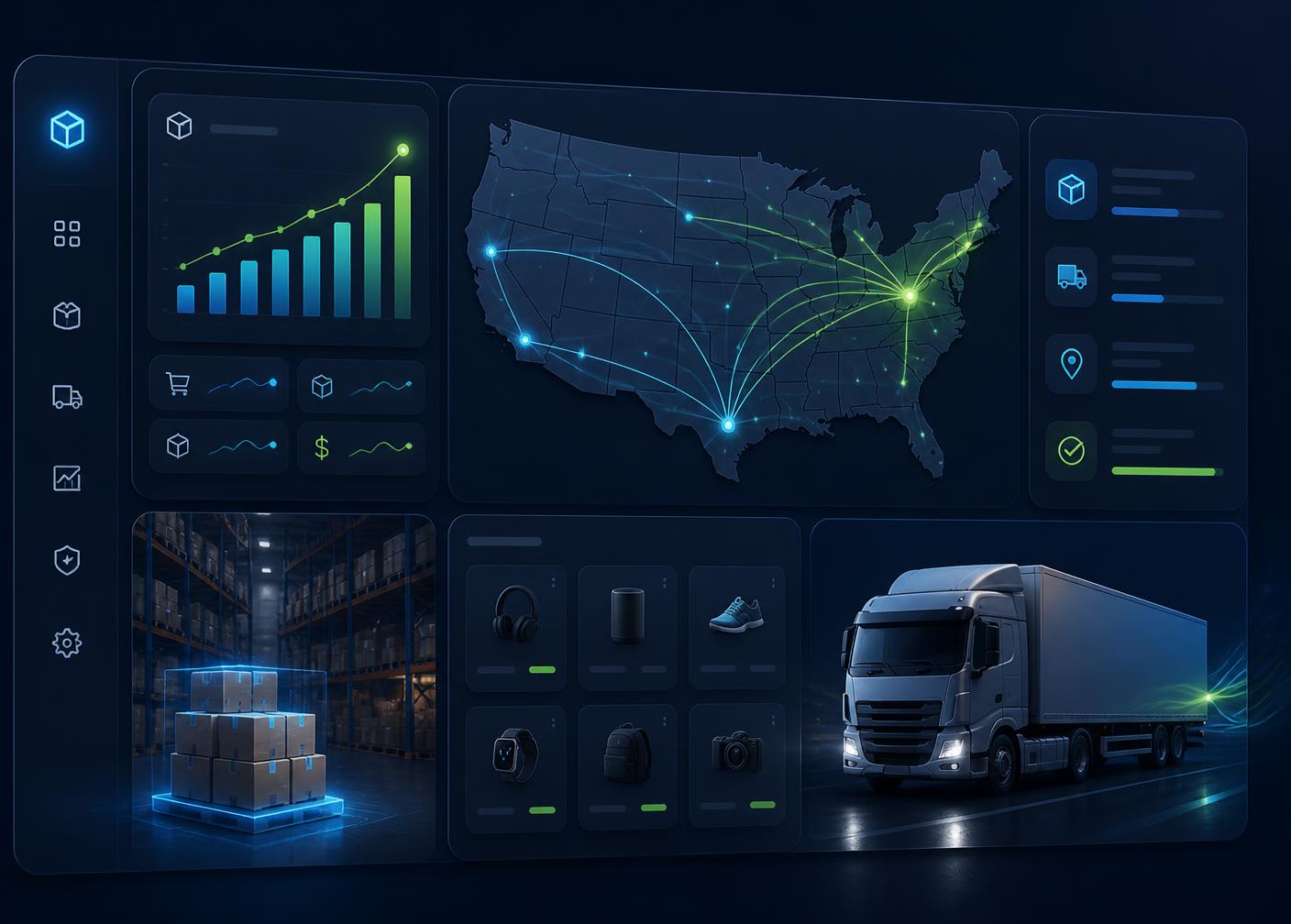 Kawsar Drop warehouse dashboard showing US shipping routes, live order analytics, and same-day fulfillment